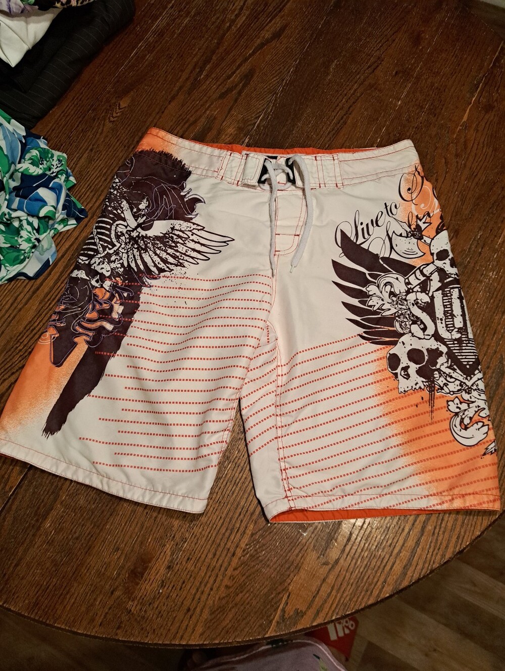 Large Pacific & Co Miami Live To Surf Skull Swim Trunks Shorts Orange Brown